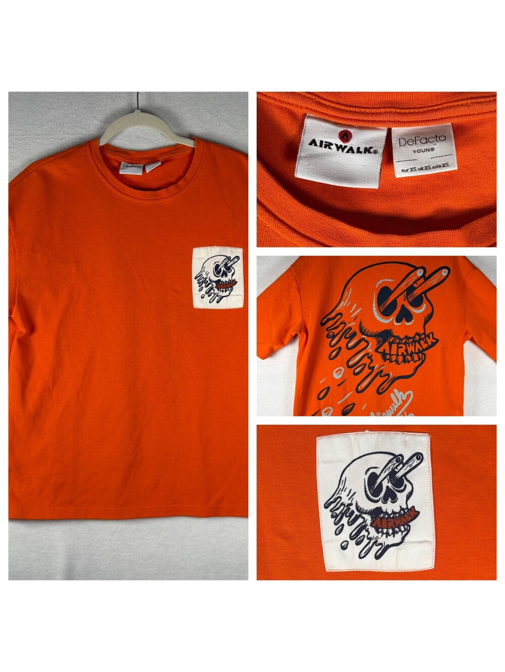 Airwalk DeFacto Orange Melting Skull Graphic T-Shirt Retro Skater Mens XS